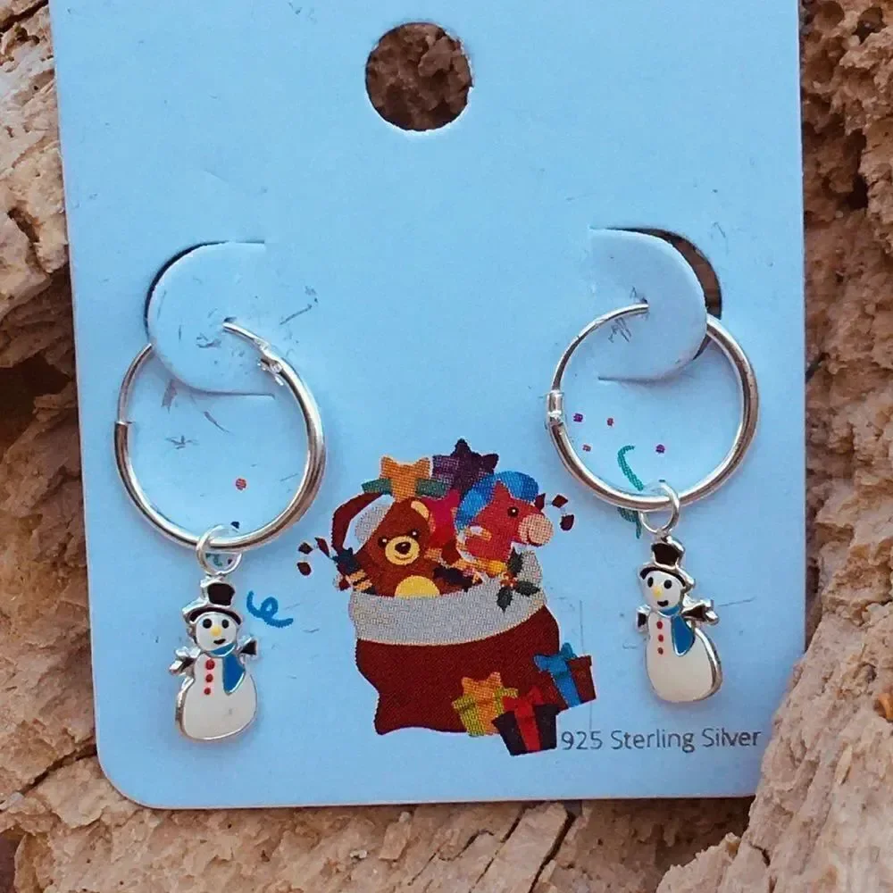 Children's Silver Hoops w/ Hanging epoxy  Snowman